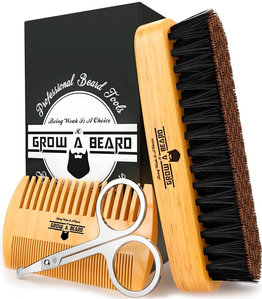 Beard Brush for Men & Beard Comb Set w/Mustache Scissors Grooming Kit, Natural Boar Bristle Brush, Dual Action Wood Comb, and Travel Bag Great for GROW ALPHA BEARD