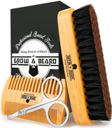 Beard Brush for Men & Beard Comb Set w/Mustache Scissors Grooming Kit, Natural Boar Bristle Brush, Dual Action Wood Comb, and Travel Bag Great for GROW ALPHA BEARD