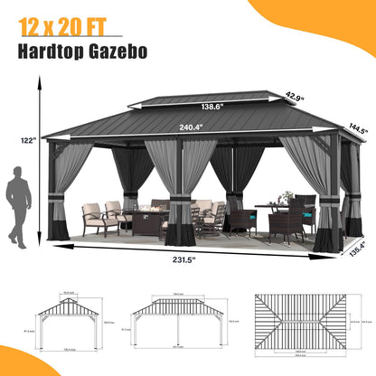 ALAULM 12'x20' Hardtop Gazebo, Outdoor Double Roof Canopy with Netting and Curtains, Galvanized Metal Frame, Sunshade for Patio, Backyard, Deck and