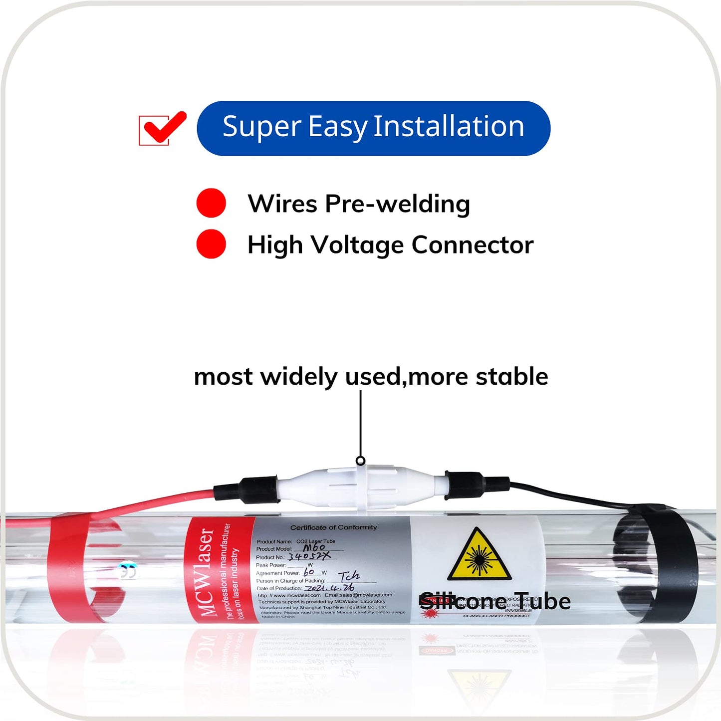 MCWlaser 50W CO2 Laser Tube Length 850mm Dia. 55mm with Metal Head for CO2 Laser Engraver Cutting Machine - WoodArtSupply