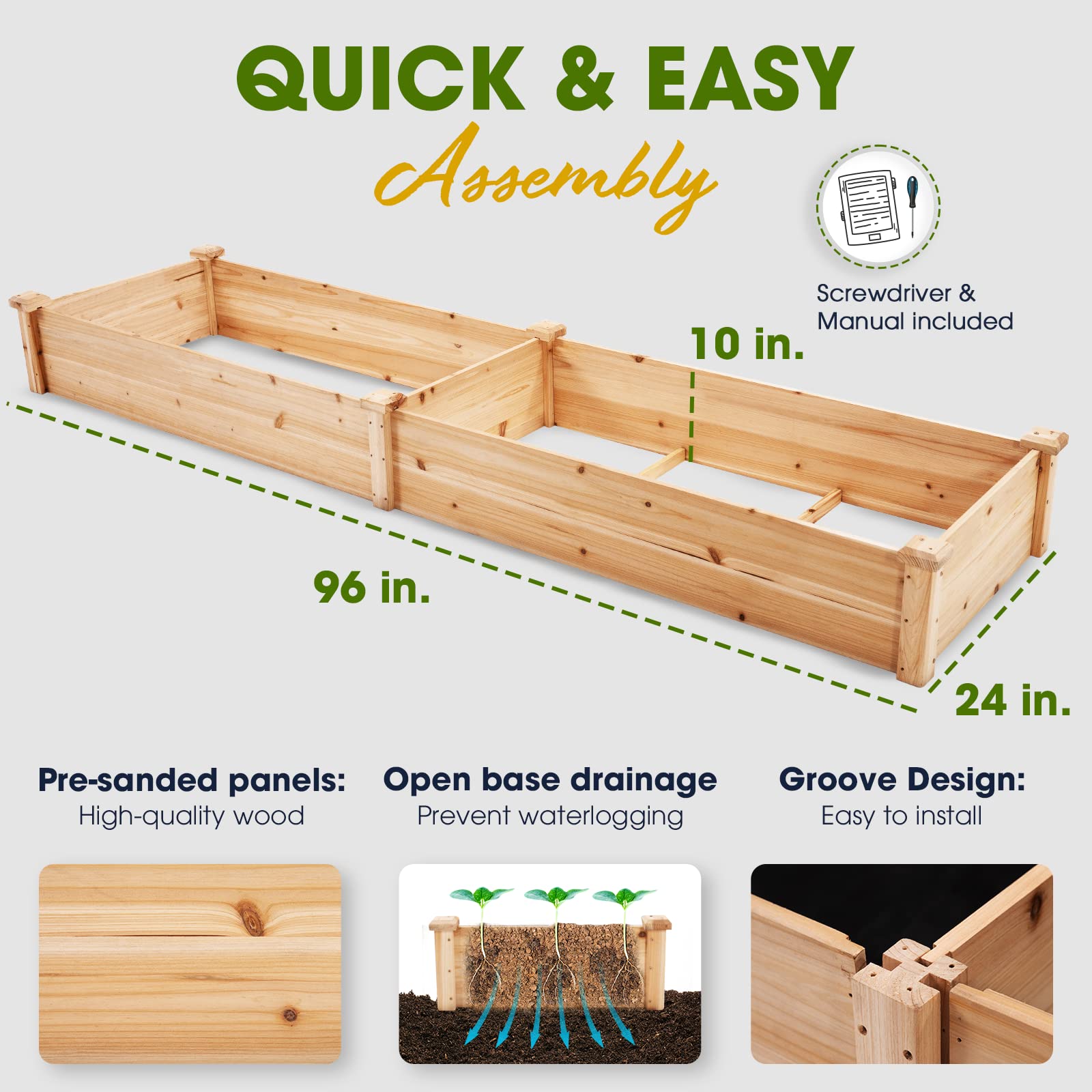 Idzo Raised Garden Bed, Durable Garden Box with Wax Oil Coated, 96 Inches Wood Planter with Non-Woven Lining Prevents Soil Moist, One Divider Box - WoodArtSupply