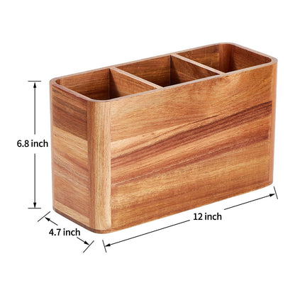 LOHONER Wooden Utensil Holder for Kitchen Counter, Large Acacia Utensil Holder for Countertop with 3 Compartment, Cooking Utensil Organizer, - WoodArtSupply