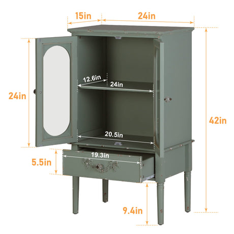 MAISON ARTS 42" H Accent Cabinet with 2 Glass Doors, Distressed Storage Cabinet Farmhouse Kitchen Buffet Cabinet Entryway Living Room Cabinet MAISON ARTS