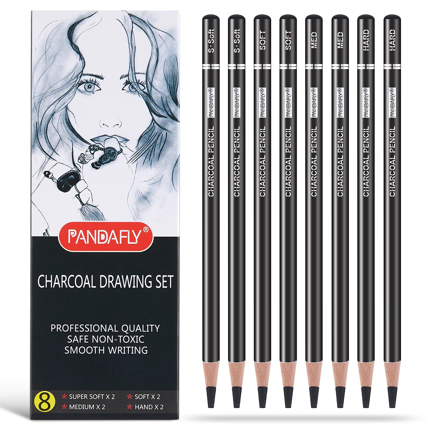 PANDAFLY Professional Charcoal Pencils Drawing Set - 8 Pieces Super Soft, Soft, Medium and Hard Charcoal Pencils for Drawing, Sketching, Shading, PANDAFLY