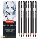 PANDAFLY Professional Charcoal Pencils Drawing Set - 8 Pieces Super Soft, Soft, Medium and Hard Charcoal Pencils for Drawing, Sketching, Shading, PANDAFLY