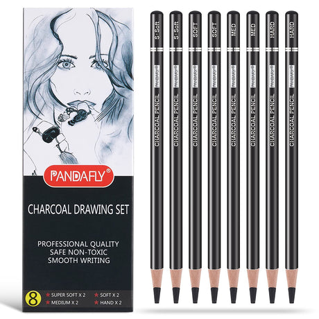 PANDAFLY Professional Charcoal Pencils Drawing Set - 8 Pieces Super Soft, Soft, Medium and Hard Charcoal Pencils for Drawing, Sketching, Shading, PANDAFLY