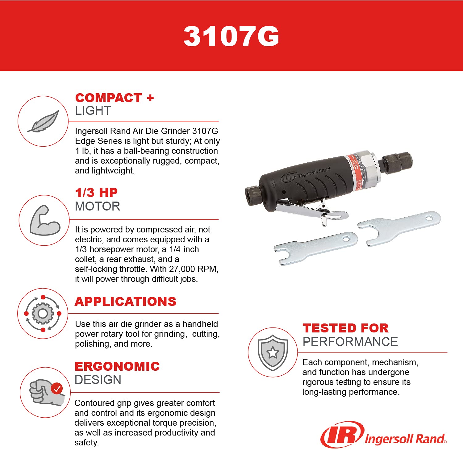 Ingersoll Rand 3107G Air Die Grinder Edge Series – 1/4", Heavy Duty, Straight, Ergonomic Grip, Ball Bearing Construction, Lightweight Tool, Black Ingersoll Rand