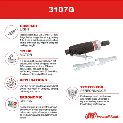 Ingersoll Rand 3107G Air Die Grinder Edge Series – 1/4", Heavy Duty, Straight, Ergonomic Grip, Ball Bearing Construction, Lightweight Tool, Black - WoodArtSupply