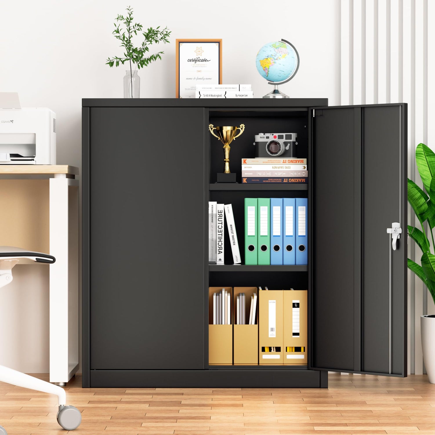 INTERGREAT Steel Storage Cabinet with Lock, Lockable Metal Storage Cabinets with 2 Adjustable Shelves, Black Counter Height Garage Cabinet INTERGREAT