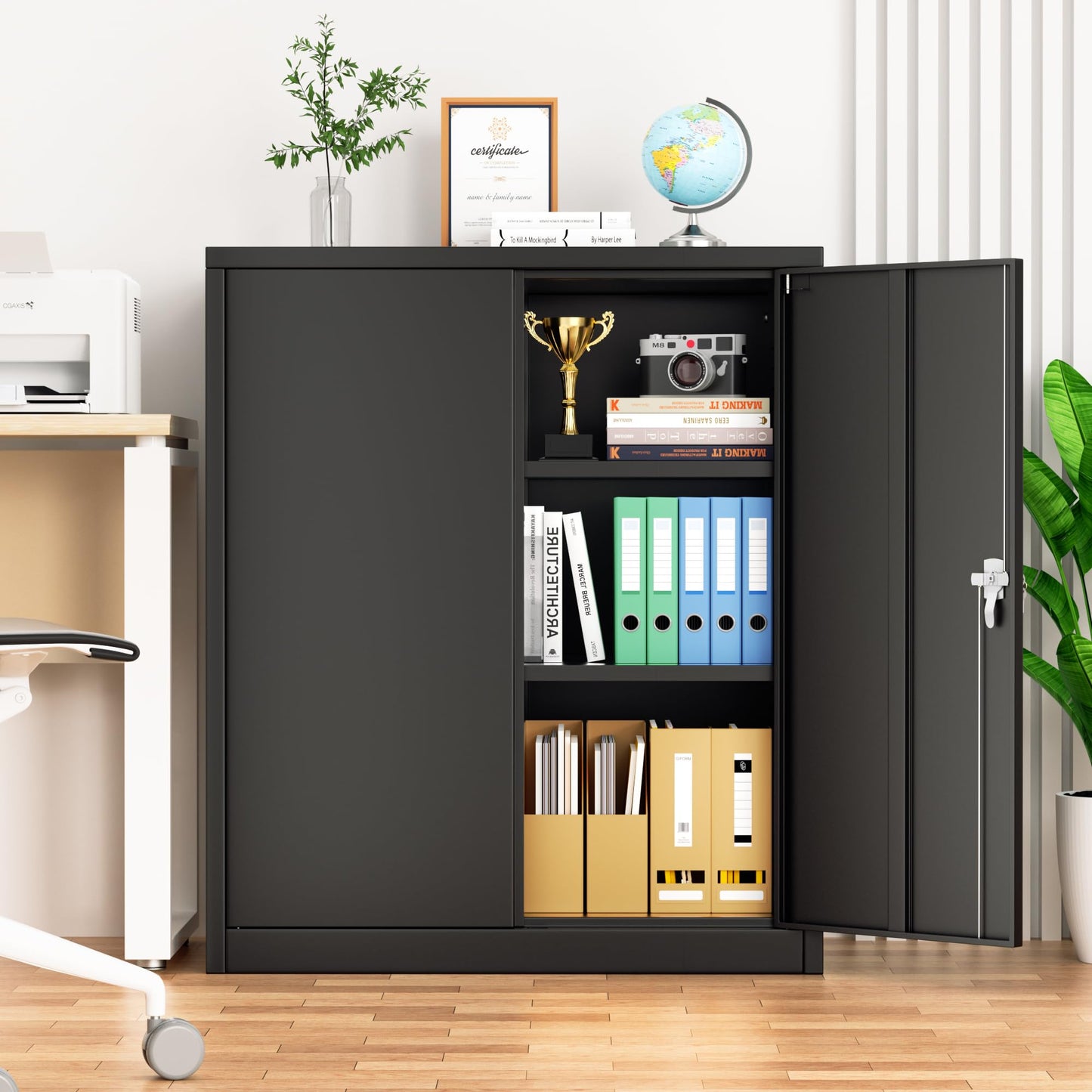 INTERGREAT Steel Storage Cabinet with Lock, Lockable Metal Storage Cabinets with 2 Adjustable Shelves, Black Counter Height Garage Cabinet