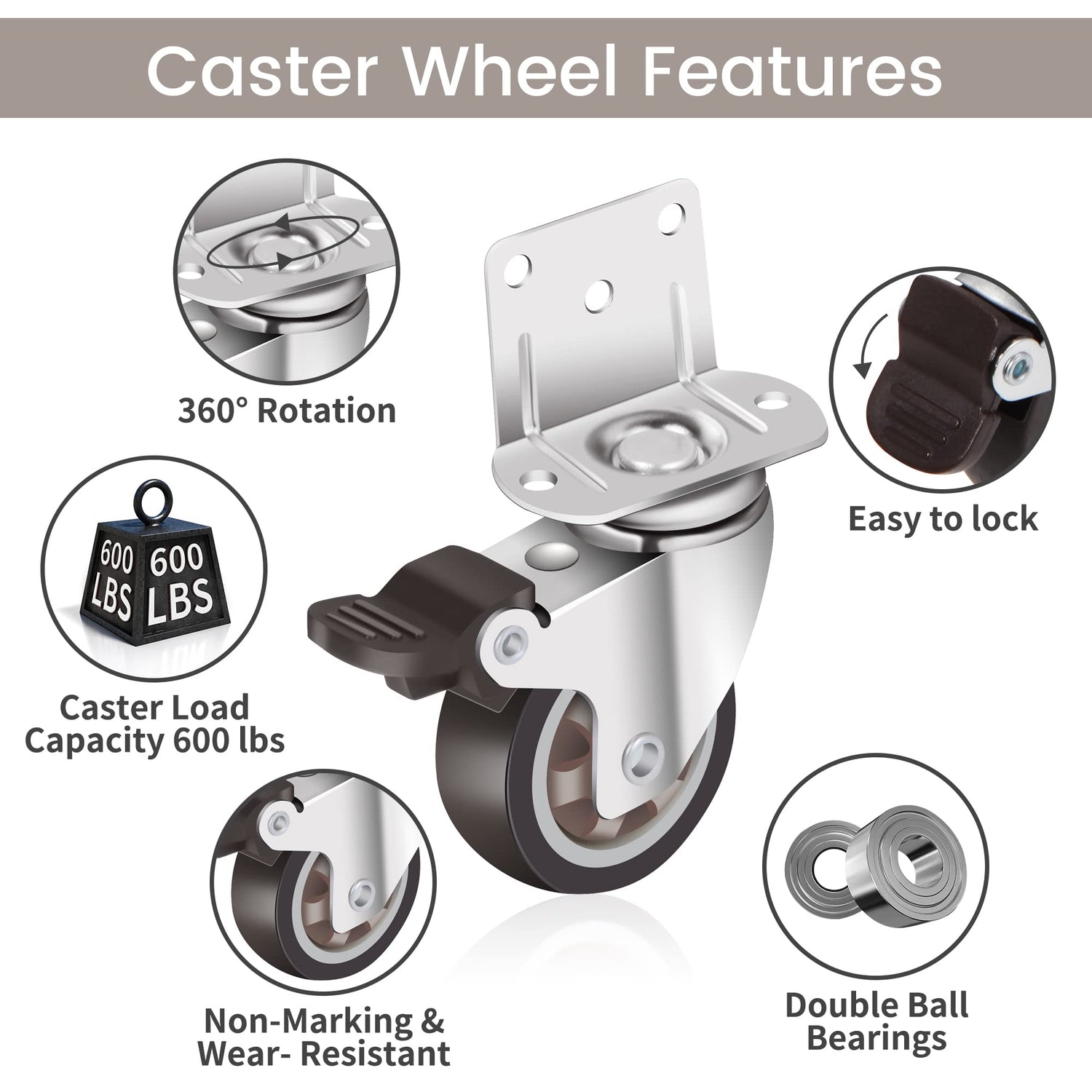 Nefish Side Mount Casters 2 Inch L-Shaped Small Rubber Caster Set of 4, Ball Bearing 360 Degree Plate Swivel Castors Wheel 600 LBS, Casters Wheels Nefish