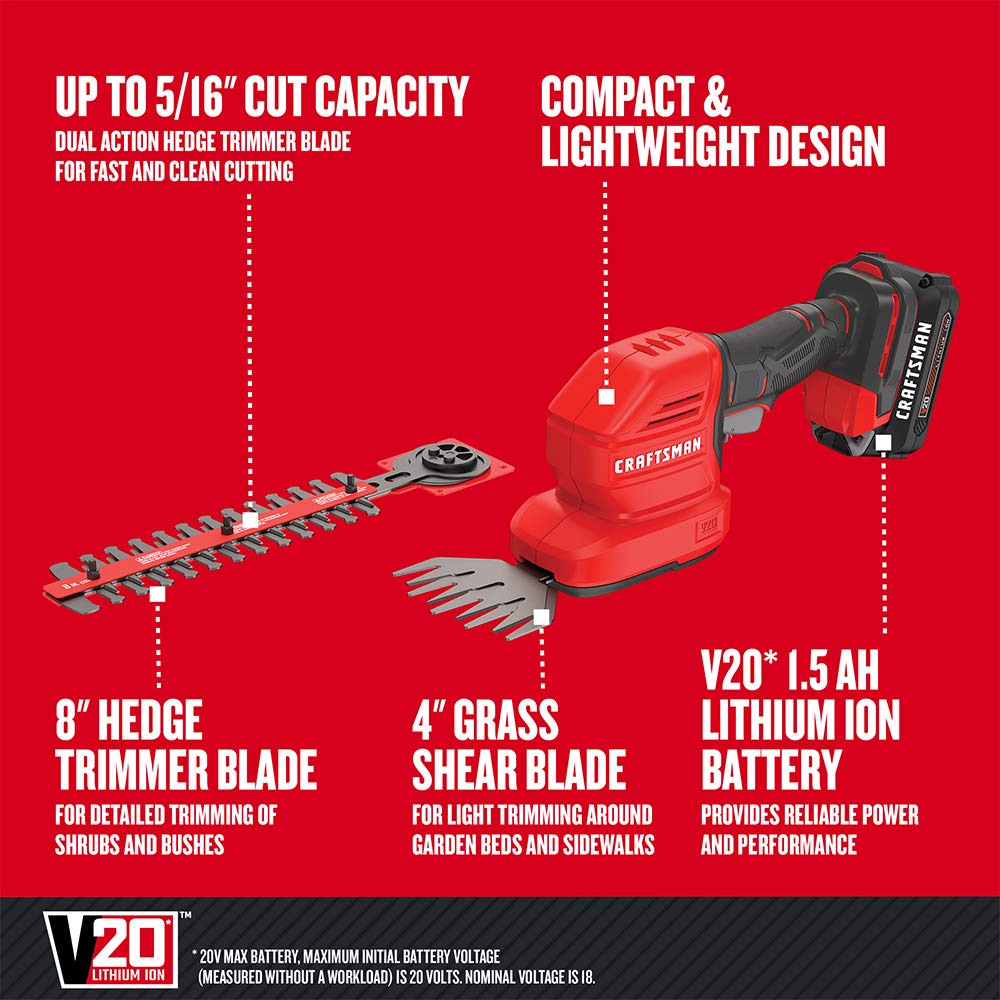 CRAFTSMAN V20 Cordless Handheld Grass Trimmer and Mini Hedge Trimmer Kit (CMCSS800C1)