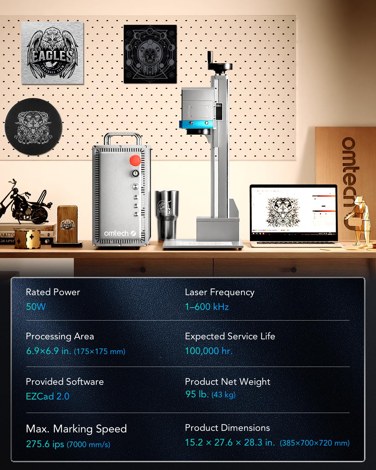 OMTech 50W Fiber Laser Engraver with Rotary Axis, LightBurn Compatible Laser Engraving Machine with Red Dot Pointer, 7.9x7.9 Solid State Laser OMTech