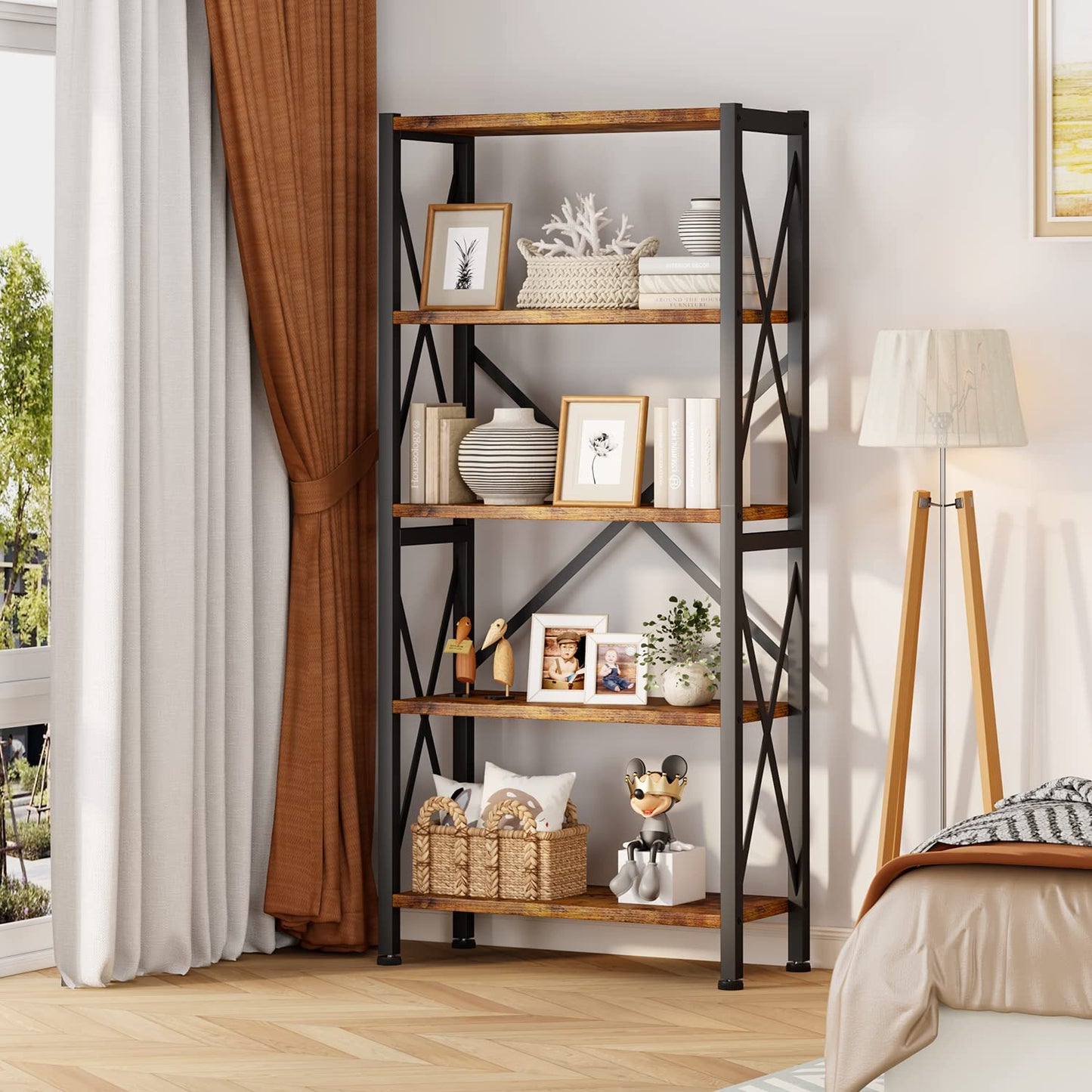 Homeiju 5-Tier Bookshelf,Wood Bookcase,Book Shelf with Steel Frame, Storage Rack with Open Shelves, Rustic Standing Bookshelves Ladder Shelf