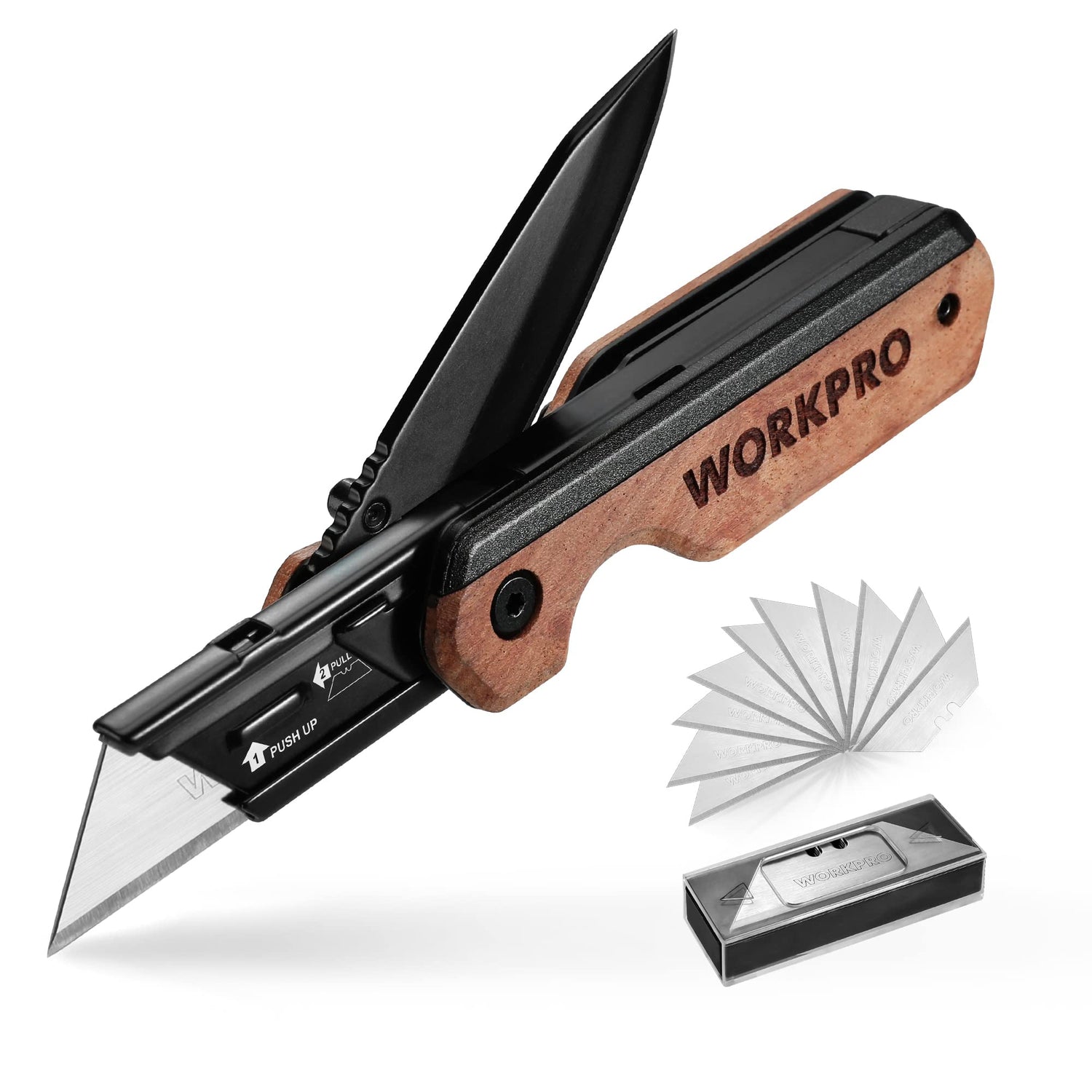 WORKPRO 2-in-1 Folding Knife/Utility Knife, Quick-Change Box Cutter with Belt Clip and Liner Lock, Extra 10 SK5 Blades Included WORKPRO