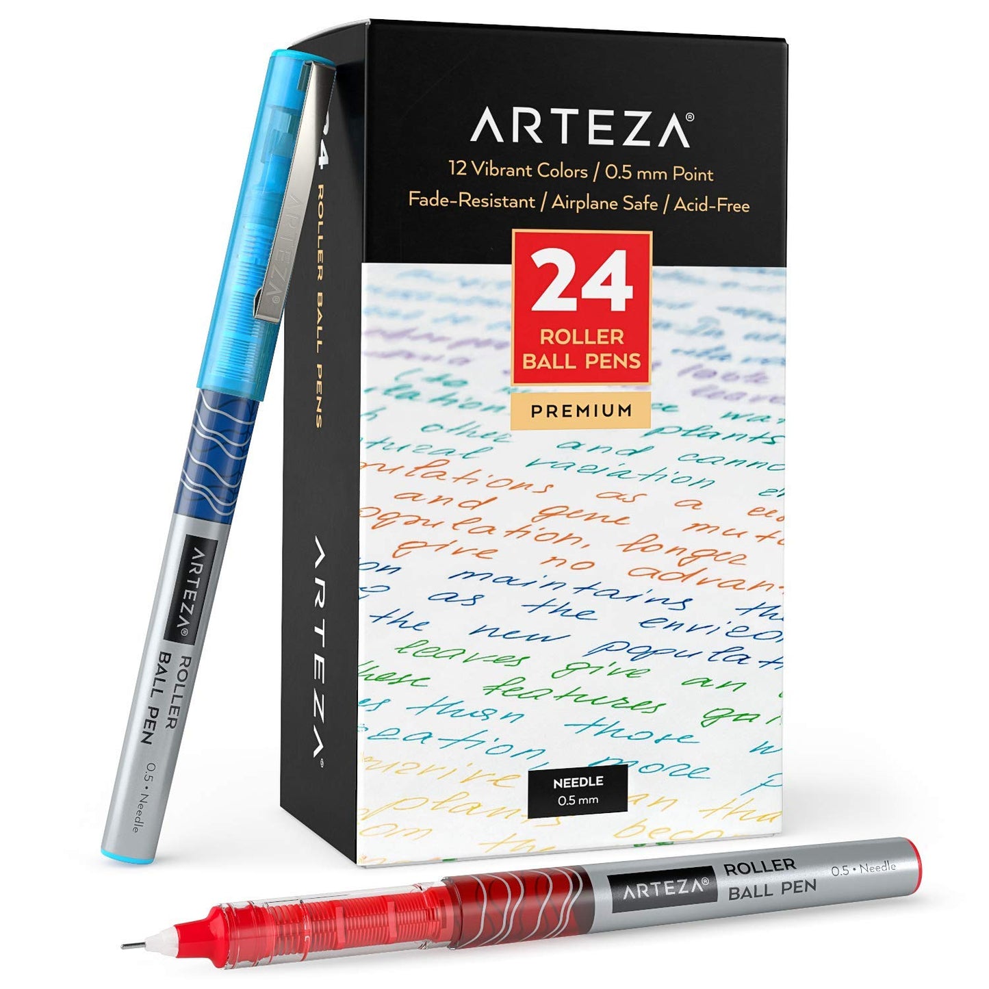 ARTEZA Rollerball Pens Fine Point, Set of 24 Colored Pens with Liquid Ink, Extra Fine 0.5 mm Needle Tip Pen, Make Precise Lines, Office Supplies for