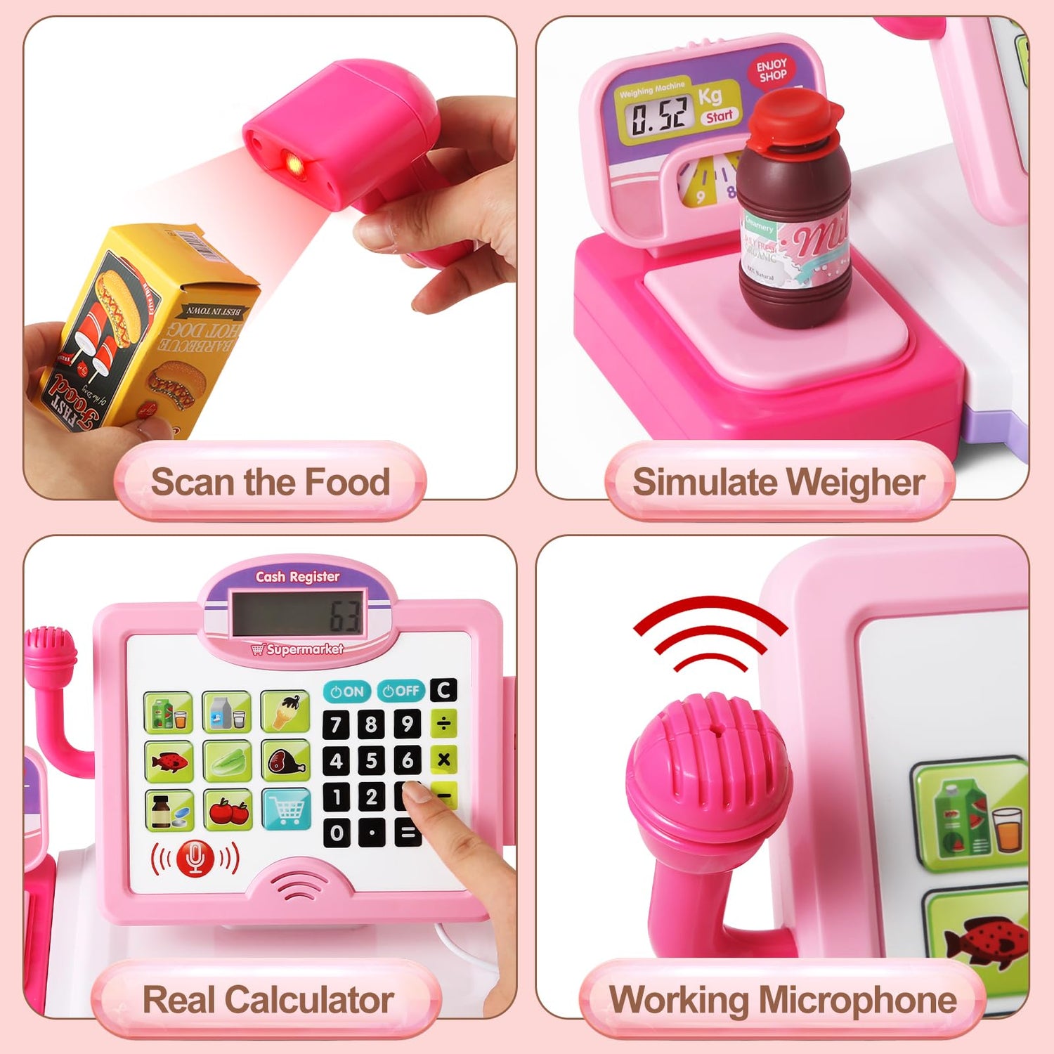 Pretend Play Calculator Cash Register Toy Gift for Kids Girls Age 3, 4, 5, 6, 7, 8+ Year Old, 57 Pcs Pink Grocery Store Playset, Incl Microphone, BAODLON