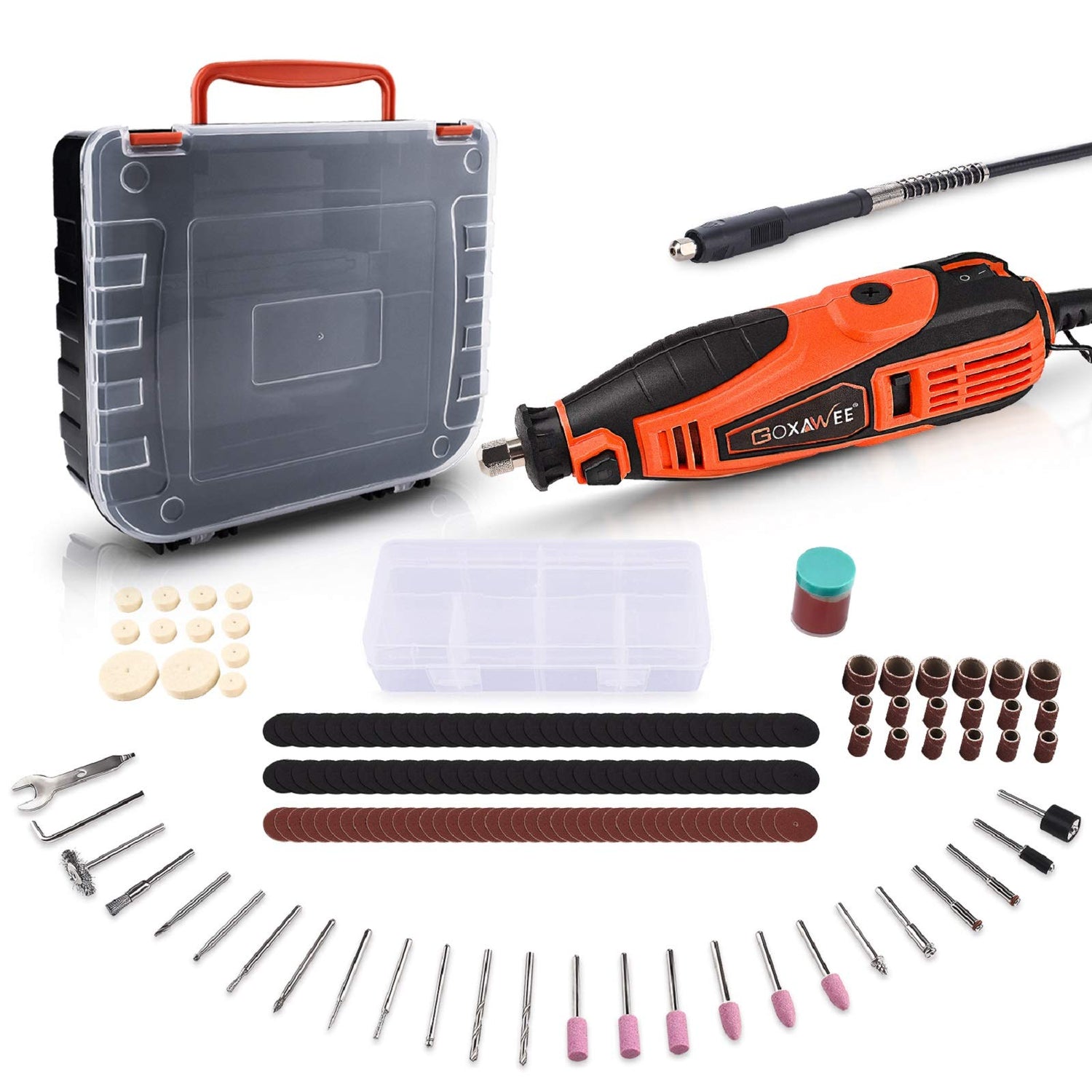 GOXAWEE Rotary Tool Kit with 180 Rotary Tool Accessories & Flex Shaft & Universal Collet, 5 Variable Speed Rotary Multi-Tool, Mini Electric Drill Set GOXAWEE