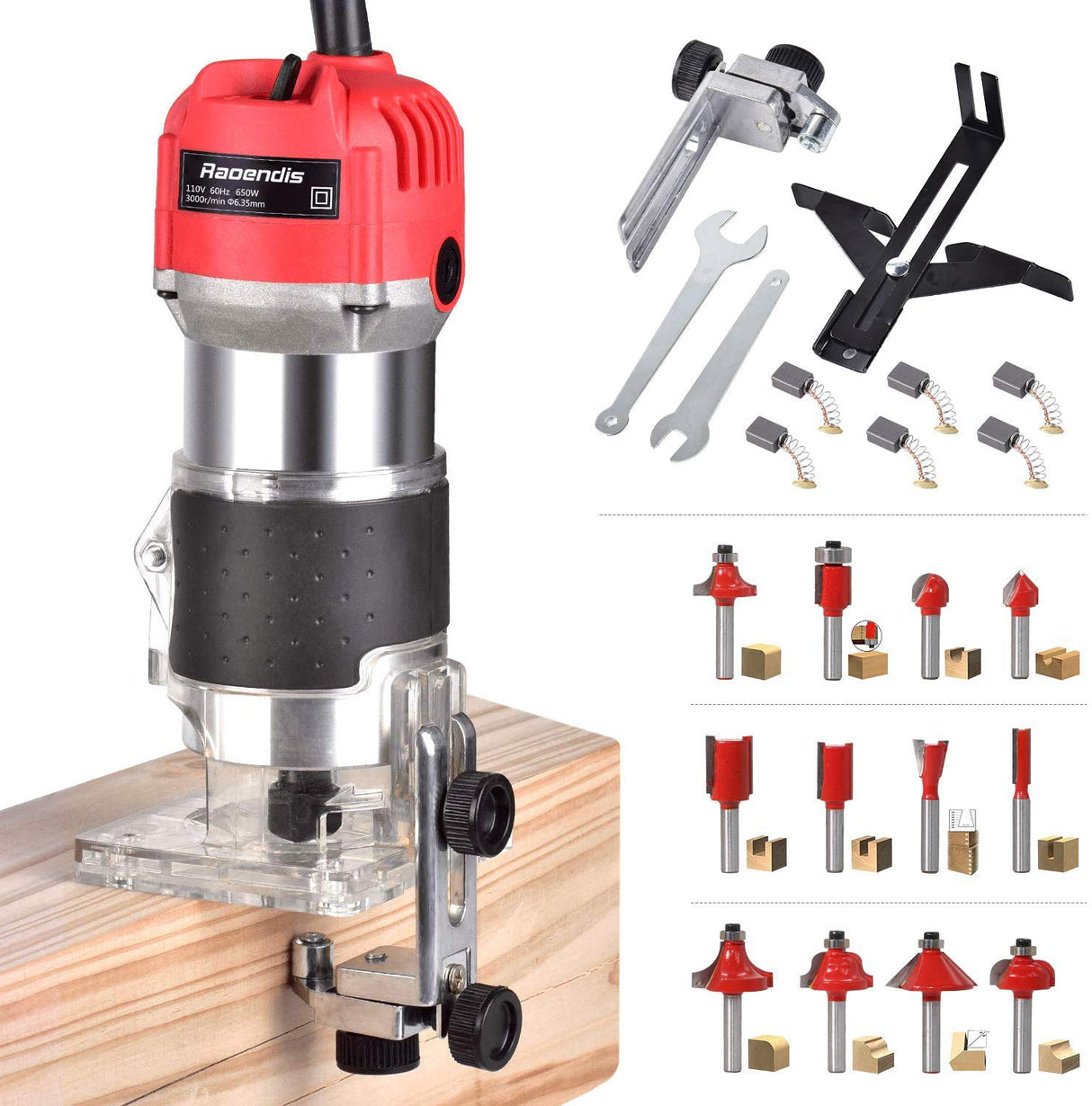 Compact Wood Palm Router Tool Hand Trimmer Woodworking Joiner Cutting Palmming Tool 30000R/MIN 650-800W 110V with 12PCS 1/4" Router Bits Raoendis