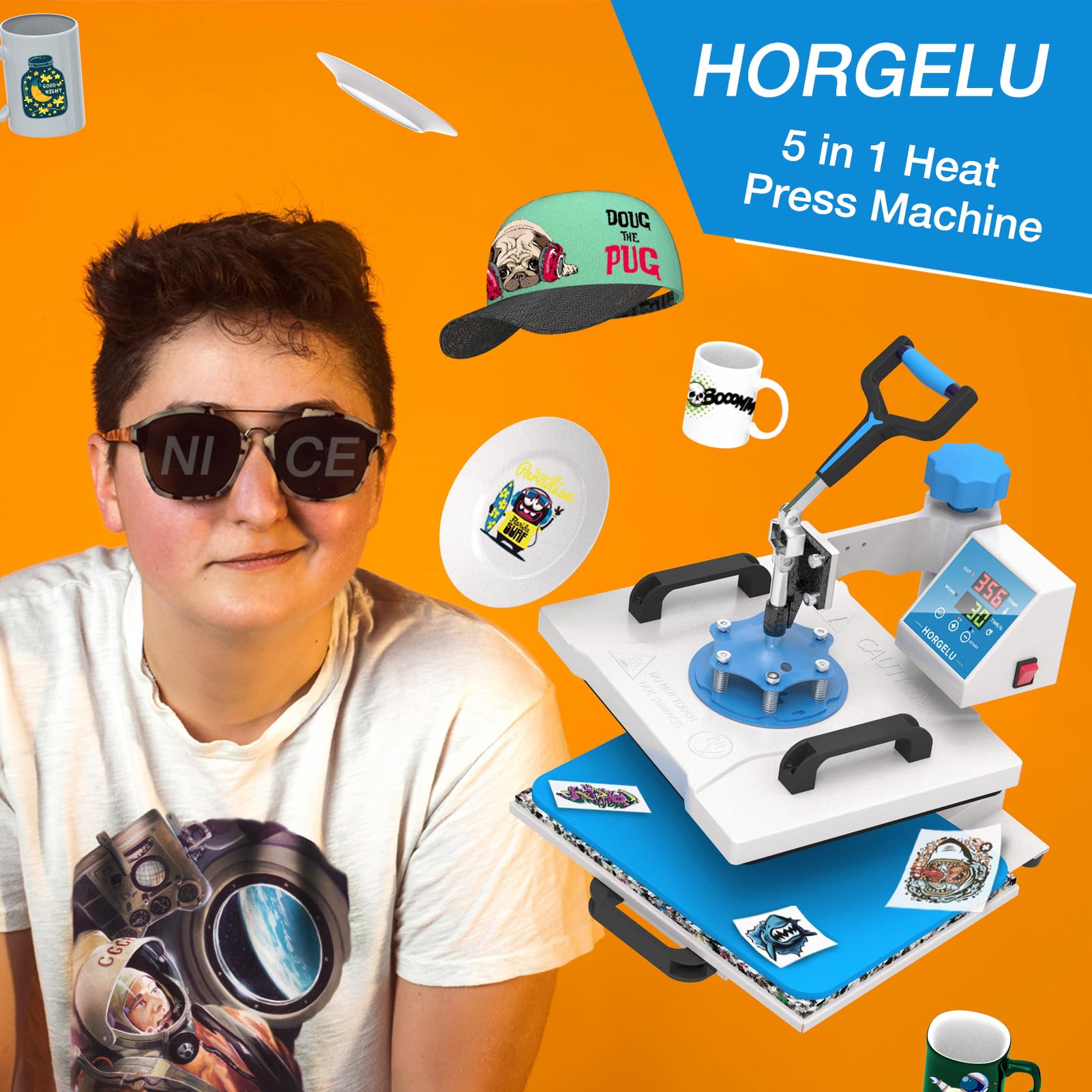 HORGELU 5 in 1 Heat Press Machine 12x15 Inch Heat Transfer Machine 360-Degree Swing Away Multifunction Digital Sublimation Combo Heat Press for T - WoodArtSupply