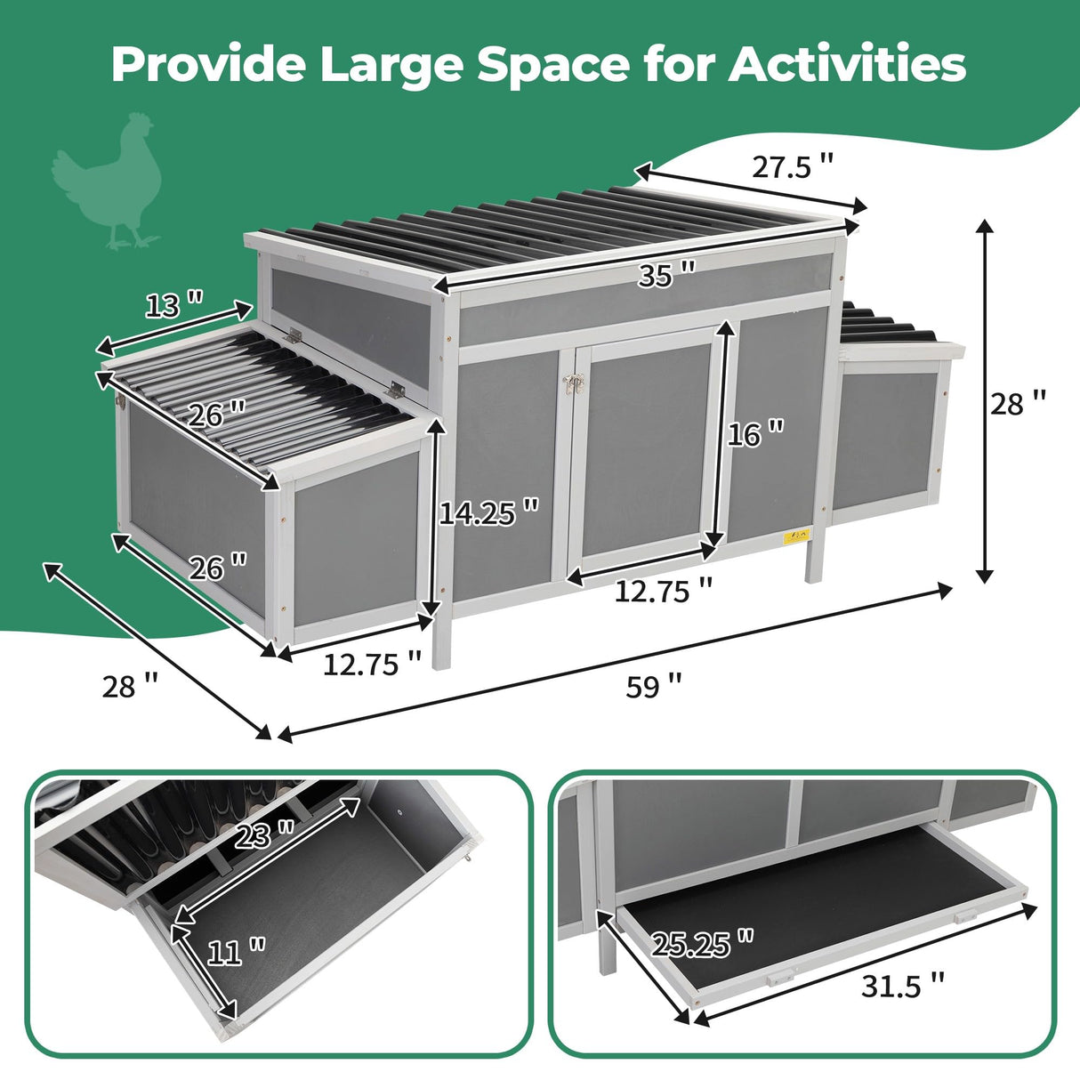 COZIWOW Durable Assembled Wooden 59" L Outdoor Large Chicken Coop with Two Nesting Boxes, Comfortable Hen House, Indoor Weatherproof Rabbit Hutch COZIWOW
