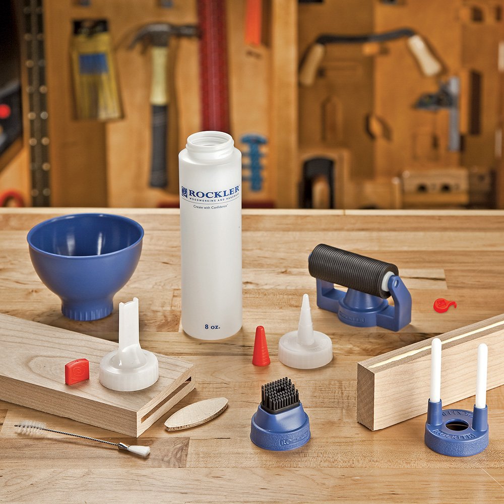 Rockler Wood Glue Applicator Set – Wood Working Glue Bottle (8oz) w/Glue Spout & Red Cap, Glue Line Centering Attachment, Silicone Glue Brush, & More ROCKLER