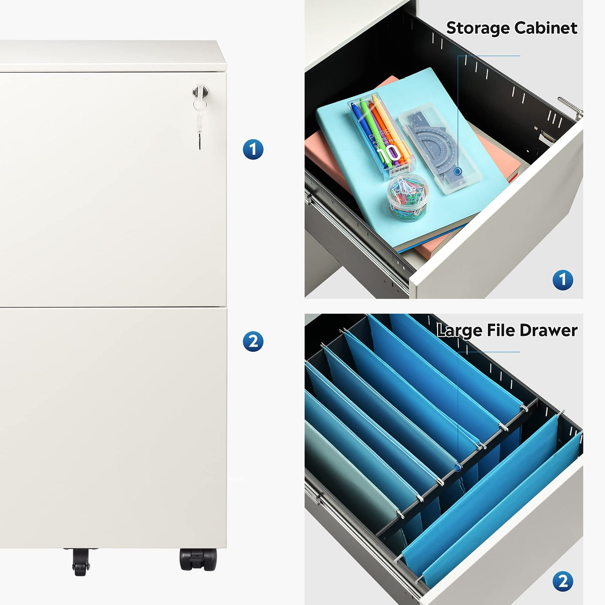 DEVAISE 2-Drawer Mobile File Cabinet with Lock, Commercial Vertical Cabinet in White DEVAISE