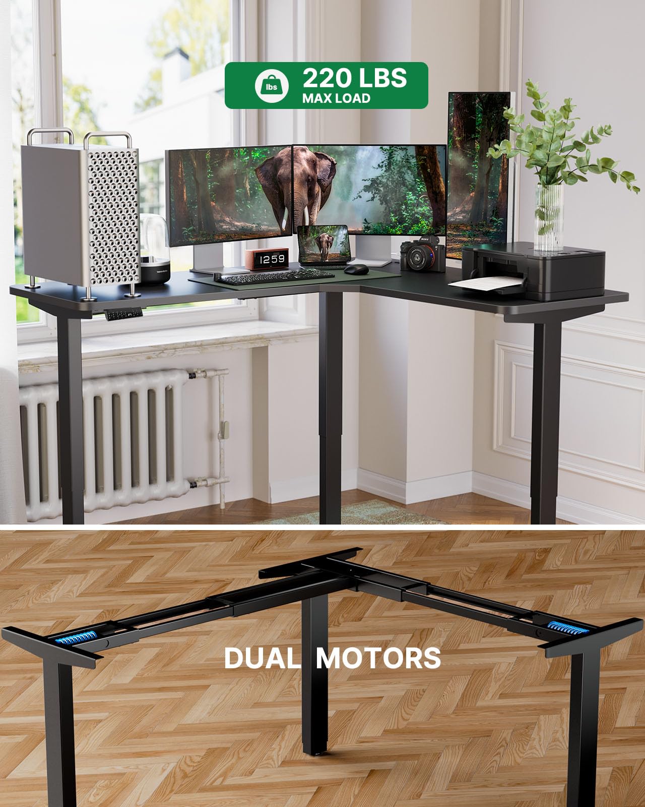 Marsail Standing Desk Adjustable Height with 4-in 1 Electical Outlet, L Shaped Electric Standing Desk (63x55 inch, Black) - WoodArtSupply