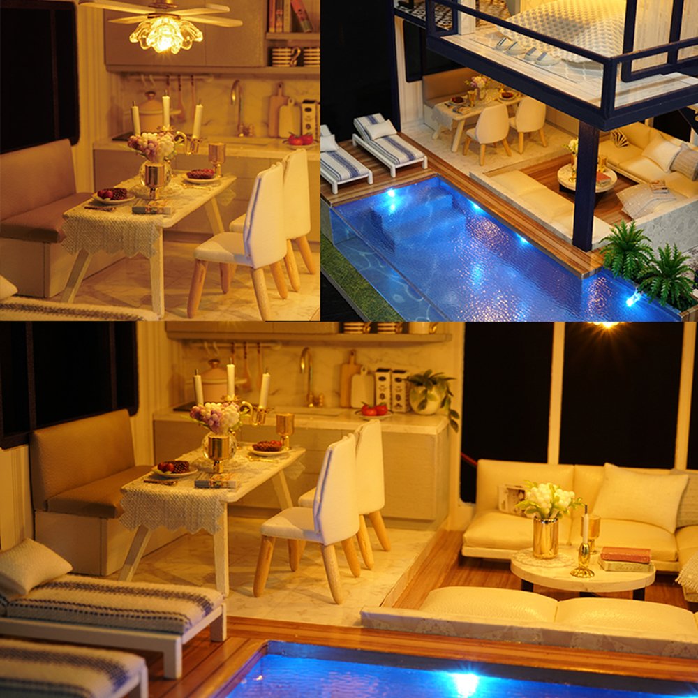 DIY Miniature Dollhouse Kit,UniHobby Time Apartment DIY Dollhouse Kit with Wooden Furniture Light Gift House Toy for Adults UniHobby