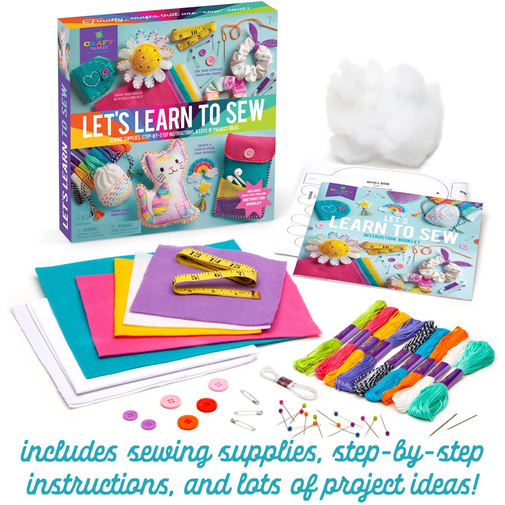 Craft-tastic — Let's Learn to Sew — Craft Kit — Includes Step-by-Step Instruction Book, Reusable Supplies to Teach Basic Sewing Stitches, Embroidery Craft-tastic