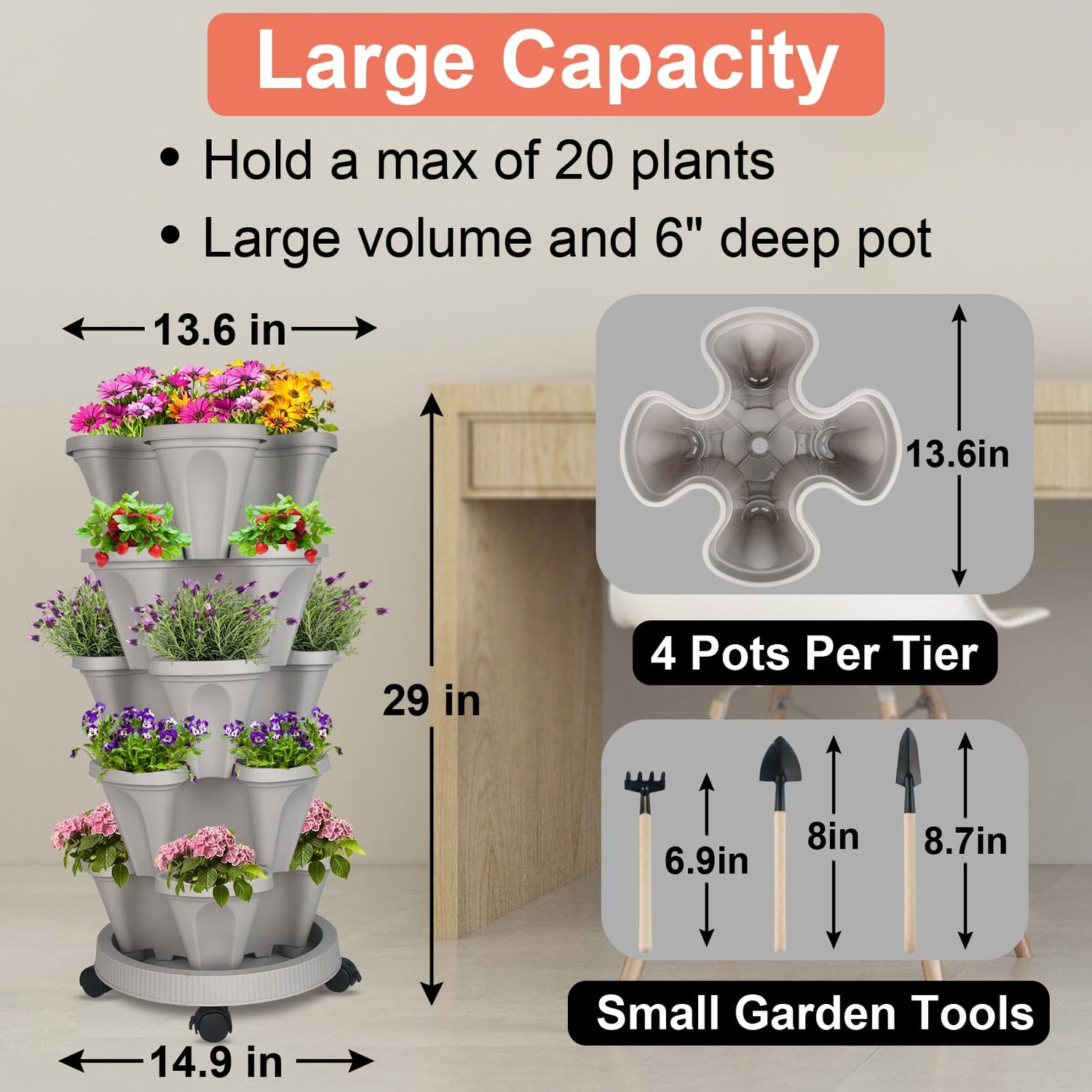 Vertical Planter 5 Tier Stackable Planters Garden Planters Strawberry Herb Flower and Vegetable Planter Indoor Outdoor Gardening Pots with Removable GameXcel