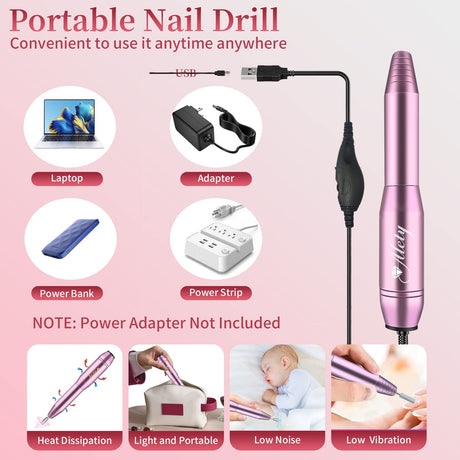 Alety Electric Nail Drill Kit, Portable Electric Nail File for Acrylic Gel Nails, Professional Nail Drill Machine Efile Manicure Pedicure Tools with Alety