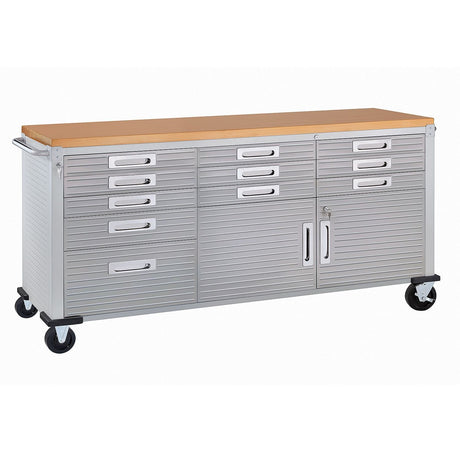 Seville Classics UltraHD Heavy Duty Rolling Cabinet Workbench Table w/Solid Wood Top, Workstation for Garage, Warehouse, Office, Workshop, 77" W x Seville Classics