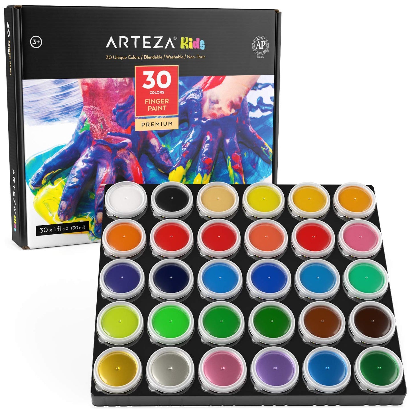 ARTEZA Finger Paints for Toddlers, Nontoxic, Set of 30 Colors, 1 fl oz Containers, Washable, Kids Art Set, For Paper, Canvas & DIY Projects - WoodArtSupply