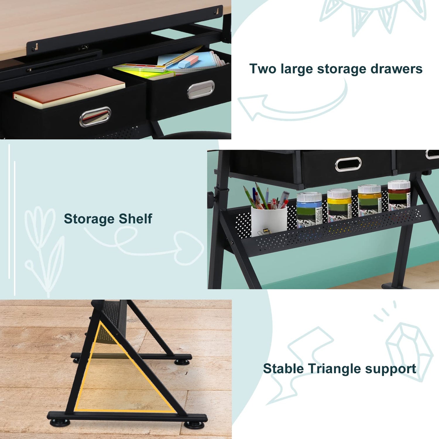 ZENY Drafting Table Art Desk Drawing Table Height Adjustable Artist Table Tilted Tabletop w/Drafting Stool and Storage Drawer for Reading, Writing, ZENY