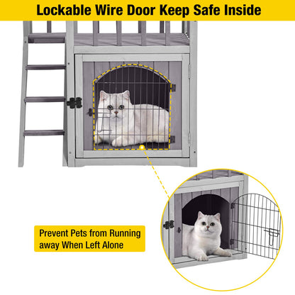 Aivituvin Cat House Outdoor with Lockable Wire Door, Wooden Dog Shelter Indoor Cat Condo Kitty Enclosure with Balcony, Stair - WoodArtSupply