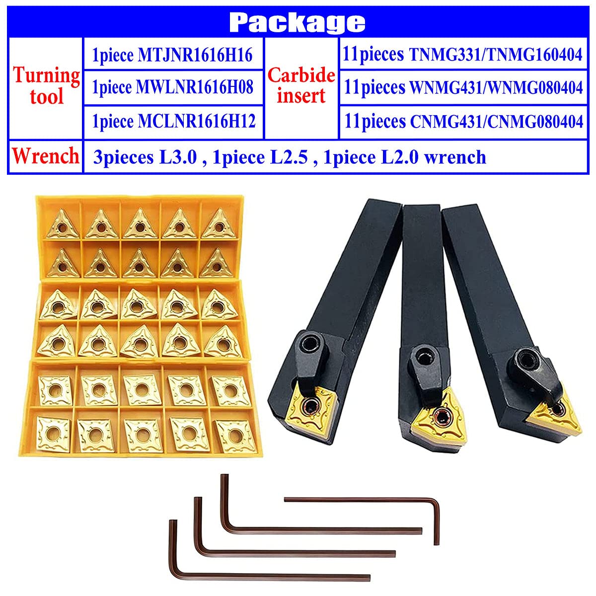 ASZLBYM 5/8" 36PCS Indexable Carbide Lathe Turning Tool Insert Holder Bit Set MTJNR1616H16 + MWLNR1616H08 + MCLNR1616H12 with CNMG 431 + WNMG 431 + ASZLBYM