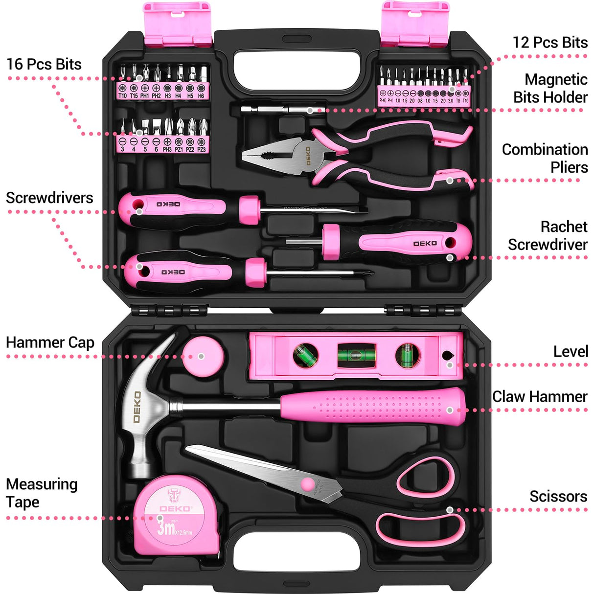 DEKOPRO Tool Set for Women: Pink Tool Set for Home Repair, Womens Tool Kit for All Purpose 42 Piece DEKOPRO