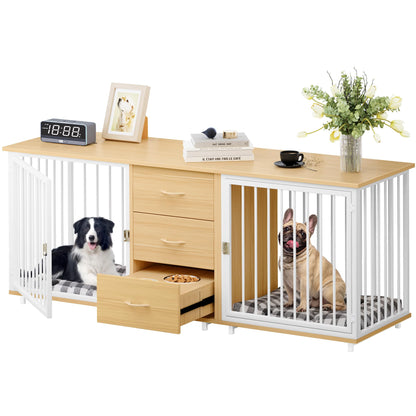 YITAHOME 74" Inch Dog Crate Furniture with Storage, Indoor Large Wooden Dog Kennel with Dog Feeders Bowls, 2-in-1 TV Stand, Side Table for 2 Large - WoodArtSupply