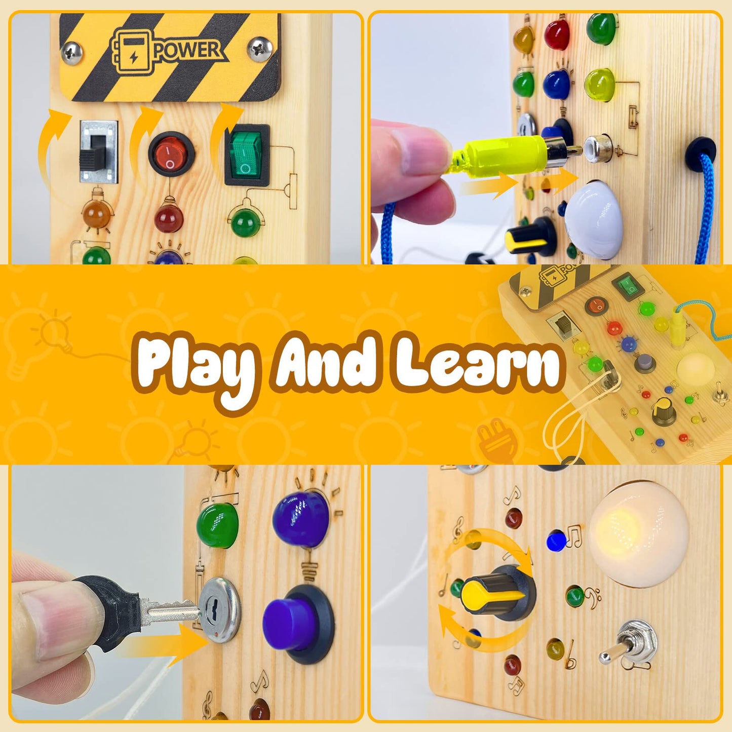 Montessori Wooden Busy Board with 8 LED Light switches, Sensory Toys Light Switch Travel Toys for 1+ Year Old Baby and Toddler - WoodArtSupply