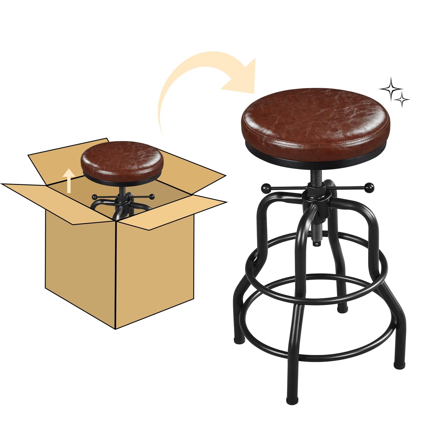 Yaheetech Industrial Bar Stool Vintage Counter Height Stool with Round Faux Leather Seat Metal Stool Adjustable Kitchen Stool 21.5-28 Inch Tall Yaheetech