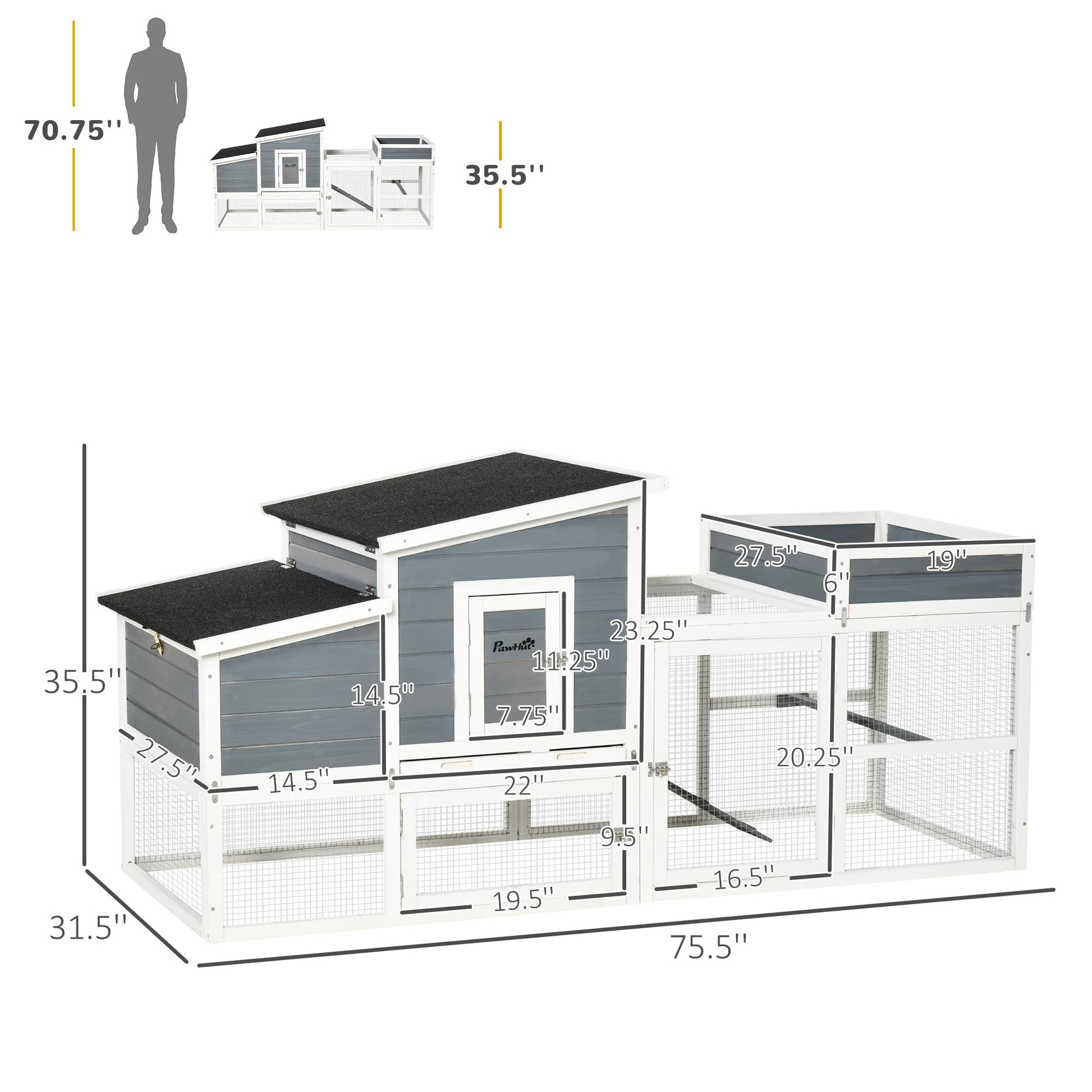 PawHut Chicken Coop with Extra Shade, Large Poultry Cage, Hen House with Flower Bed, Outdoor and Waterproof, Wooden, Stone Grey - WoodArtSupply