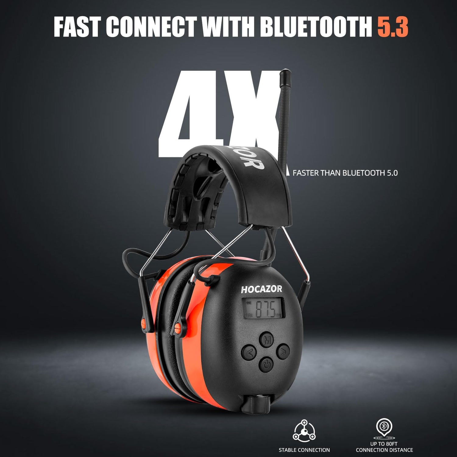Hocazor HP033 Bluetooth 5.3 Hearing Protection AM FM Radio Headphones, 25dB NRR Noise Reduction Safety Earmuffs with 2000mAh Rechargeable Battery for Hocazor
