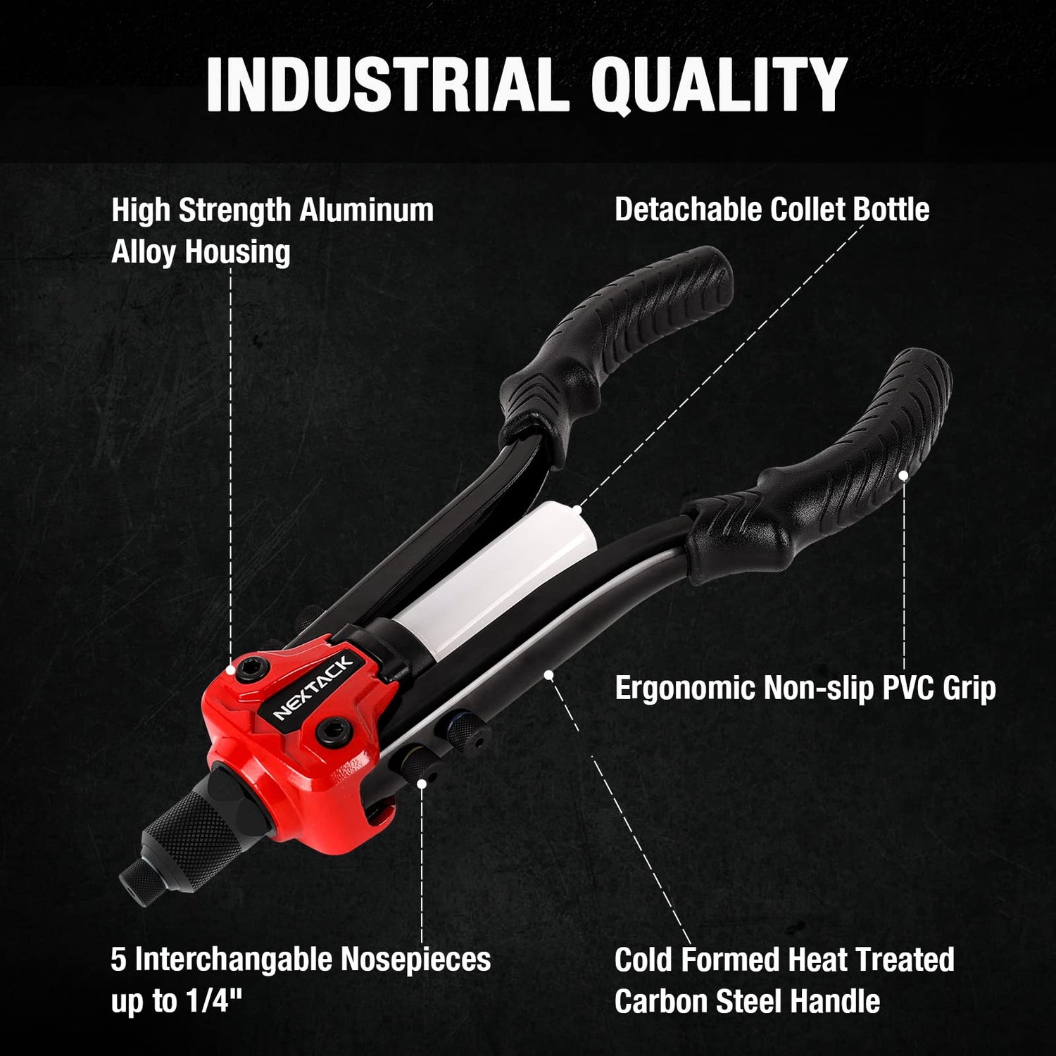 NEXTACK Rivet Gun Kit, 1/4 Pop Rivet Gun with 350 Assorted Rivets, 13" Full Metal Heavy Duty Riveter Tool Setter with 5 Interchangeable Nosepieces NEXTACK