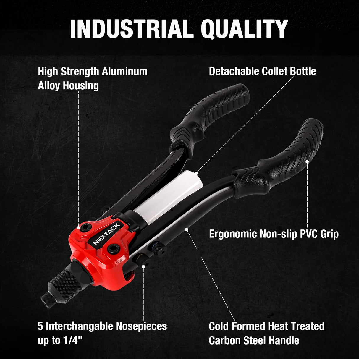 NEXTACK Rivet Gun Kit, 1/4 Pop Rivet Gun with 350 Assorted Rivets, 13" Full Metal Heavy Duty Riveter Tool Setter with 5 Interchangeable Nosepieces NEXTACK