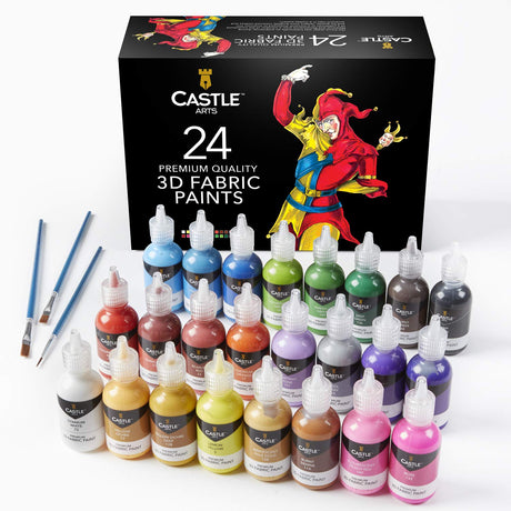 Castle Art Supplies 3D Fabric Paint Set | 24 Quality Vibrant Colors in 29ml Bottles | For Artists; For Crafters; For Fun | Clothing, Textile, Canvas, Castle Art Supplies