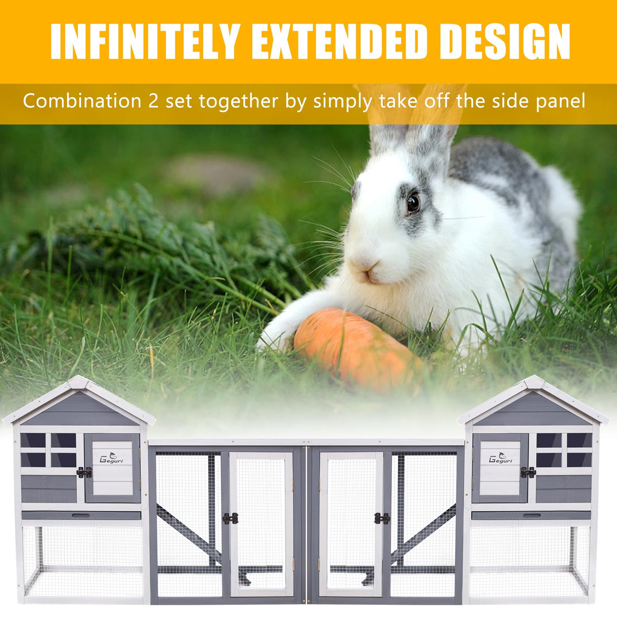 GEGURI Rabbit Hutch Indoor Rabbit Cage Outdoor, Chicken Coop Bunny Cage with Waterproof Roof, Pull Out Tray, Predator-Resistant Fencing GEGURI
