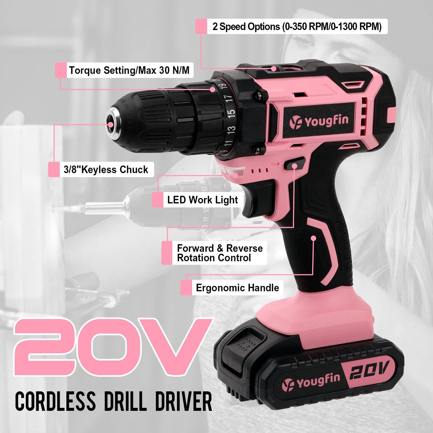Yougfin Cordless Drill Set Pink For Ladies, 20V Power Drill Driver With Battery & Charger, 3/8" Keyless Chuck, Variable Speed, 25+1 Torque Setting,