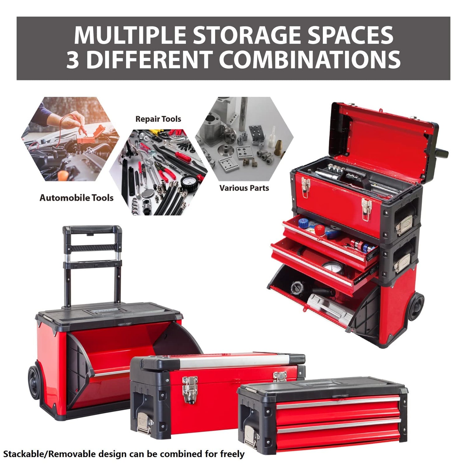 BIG RED TRJF-C305ABD Torin Garage Workshop Organizer: Portable Steel and Plastic Stackable Rolling Upright Trolley Tool Box with 3 Drawers, 20.5" L x BIG RED