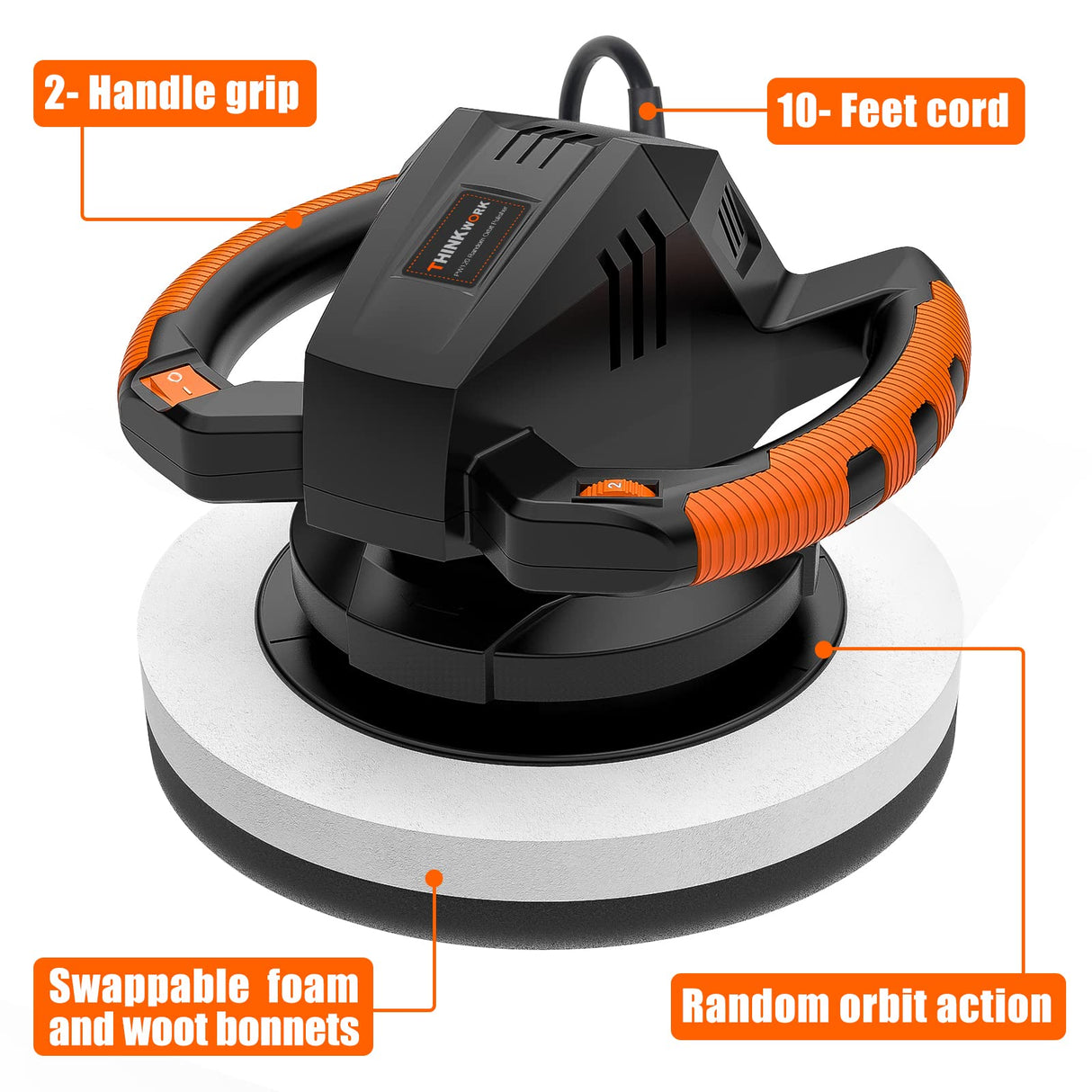 THINKWORK Buffer Polisher,10 Inch Car Polisher Sets with 4 Buffing and Polishing Bonnets,6 Variable Speed 1500-3600 RPM,Double handle, Ideal for Car THINKWORK